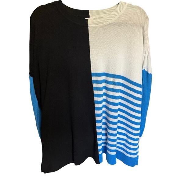 Planet By Lauren G Color Block Striped Sweater Crewneck Blue Black One Size - Picture 4 of 12